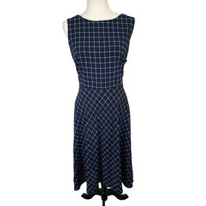 ELIZA J Sleeveless Dress Size 14 Navy Blue Windowpane Lined Fit and Flare NWT
